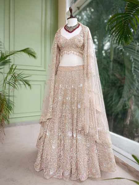 Noor-E-Jahan Beige Bridal Lehenga with Pearl and Beads Work