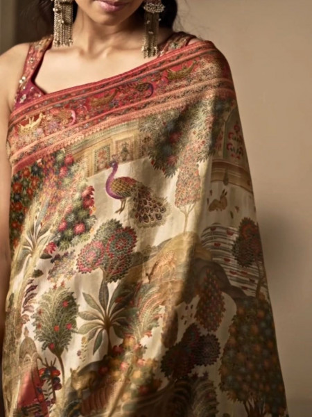 Regal Wilderness Beige Dola Silk Saree with Peacock & Forest Weave