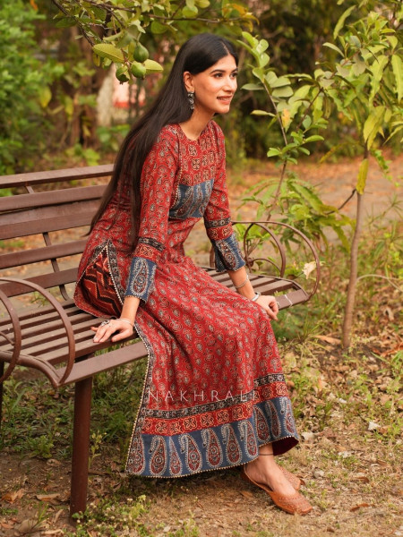 Feroz Maroon Cotton Flared Kurta Pant Set