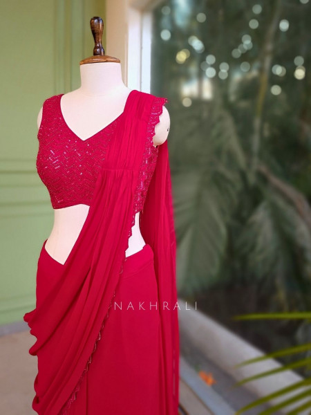 Serenara Red Drape Saree with Embellished Cape