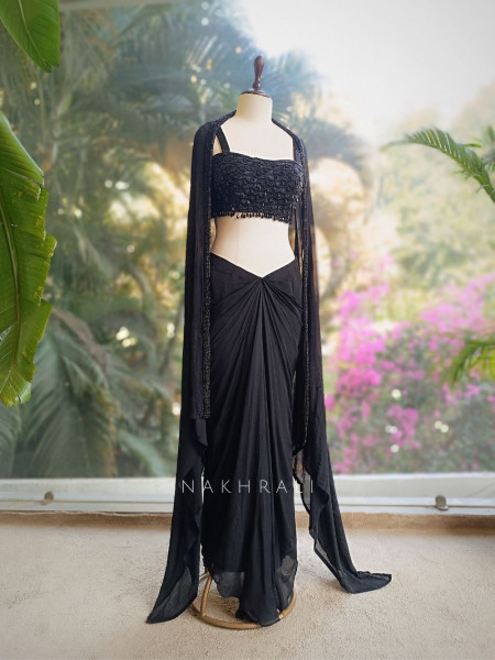 Rivora Black Crop Skirt Set with Beads Cut Dana Work