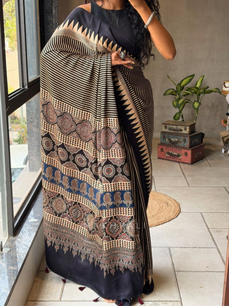 Raabta Black Modal Saree with Ajrak Border