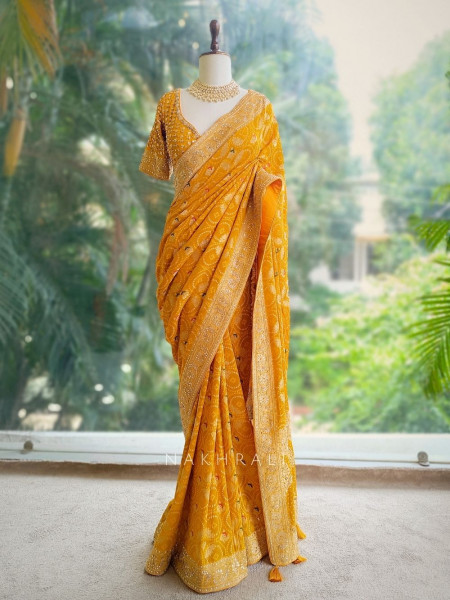 Navya Mustard Khaddi Georgette Bandhani Saree with Sequin & Cut Dana Work