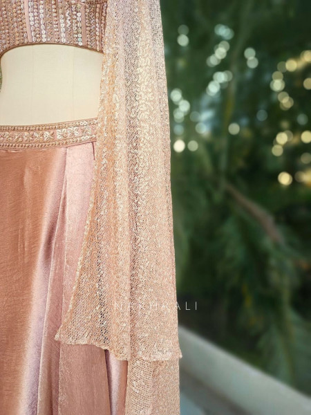Roséveil Pink Corset Skirt Set with Sequin Work and Cape Shrug