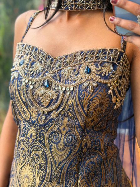 Afsana Blue Brocade Palazzo Kurta Set with Zari Bead Work