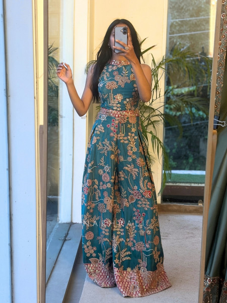 Ishvani Teal Blue Chanderi Silk Indo-Western Jumpsuit