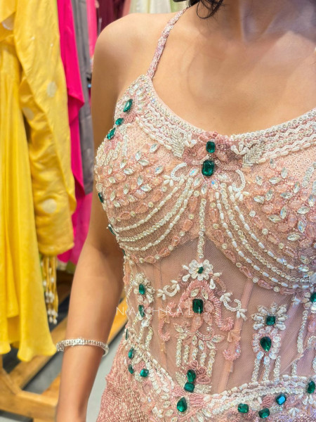 Elyra Pink Embellished Drape Gown with Illusion Bodice