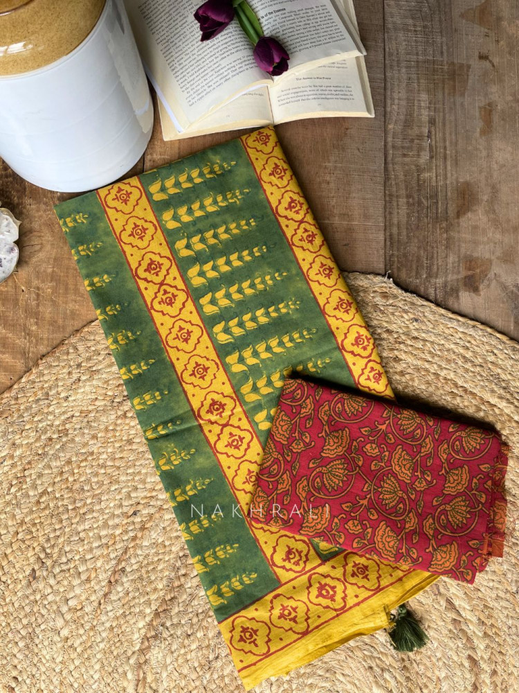 Image of Varnika Mustard Block Print Saree with Traditional Motifs