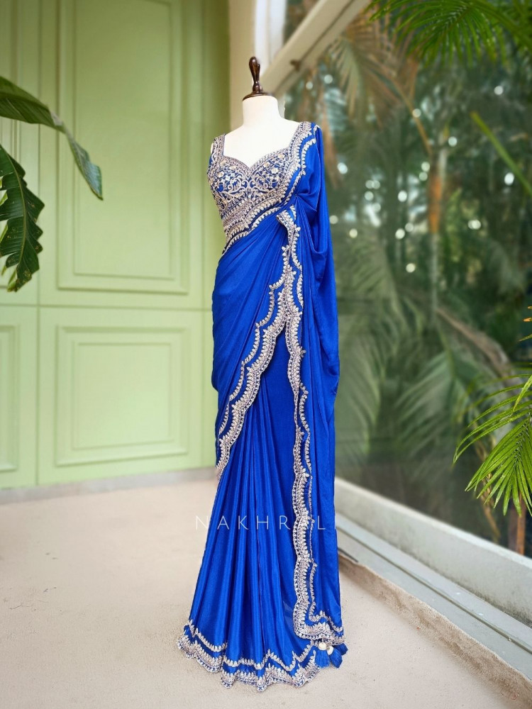 Image of Myraea Thread and Sequin Embroidered Saree with Readymade Blouse