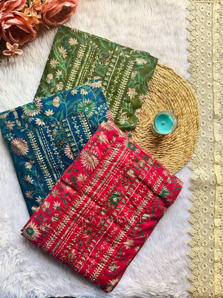 Utsavi Green Floral Embroidered Cotton Dress Material