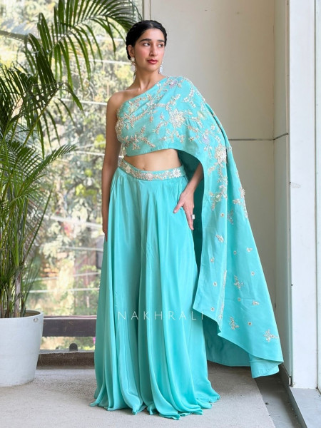 Aeloria Sky Blue One-Shoulder Cape Indo-Western Set