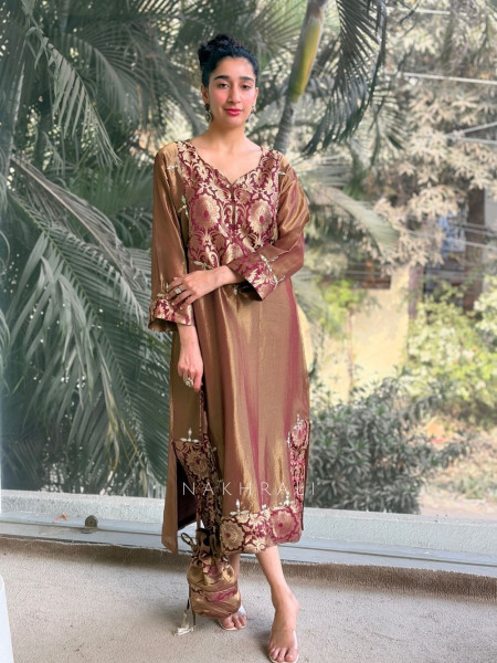 Zeenat Maroon Embroidered Side-Slit Dress with Matching Potli