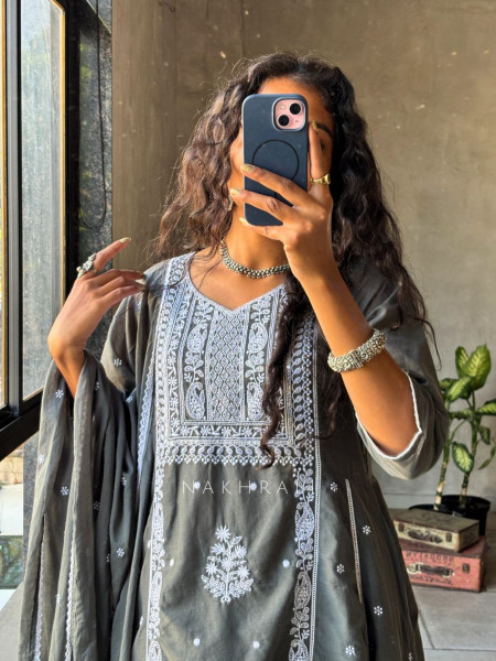 Saesha Grey Chikankari Kurta Set with Dupatta