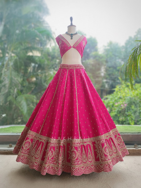Pravya Magenta Raw Silk Unstitched Bridal Lehenga