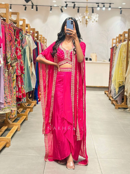Ruvica Magenta Indo Western Draped Set with Embroidery Work