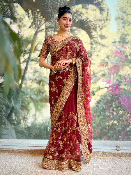 Yuvika Maroon Net Saree with Embroidery Work