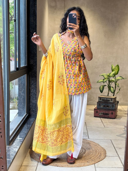 Sunbloom Yellow Cotton Printed Kurta Set with Dhoti Pants and Dupatta