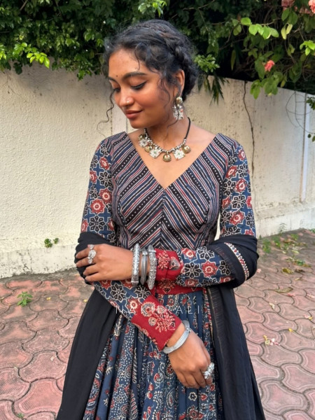 Pravika Blue Pure Cotton Chaniya Choli Ajrakh Kalamkari Patchwork & Gota Detail