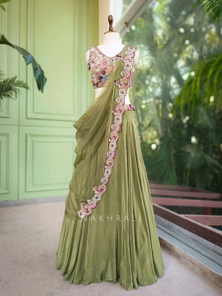Gardenia Green Indo Western Lehenga with Thread Embroidery Work