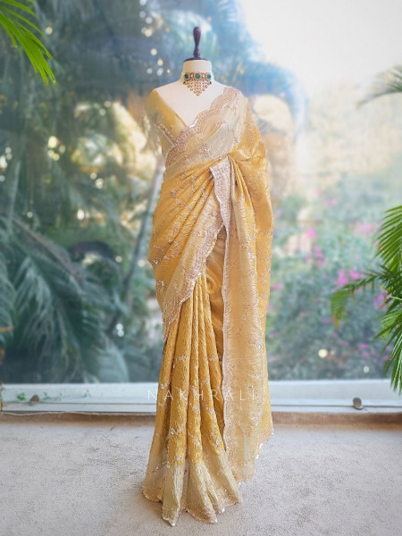 Aarna Gold Beige Organza Saree with Sequin Cut Dana Work