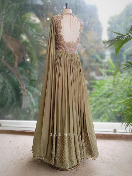 Zyana Green Indo-Western Gown with Sequin Detailing