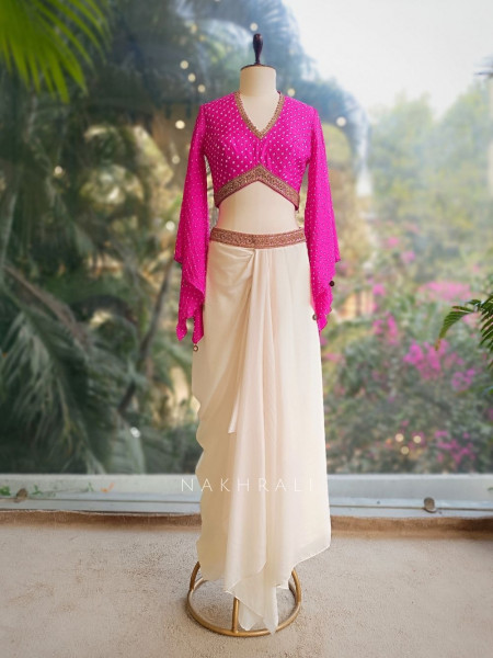 Verin Pink Ivory Crop Top and Skirt Set with Embroidered Work