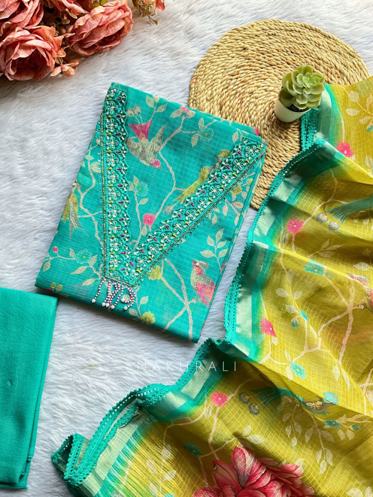 Image of Anvika Blue Embroidered Neckline Dress Material Set