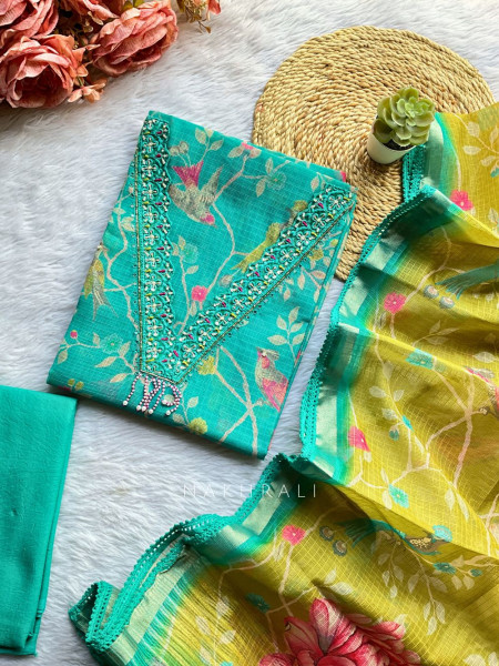 Anvika Blue Embroidered Neckline Dress Material Set