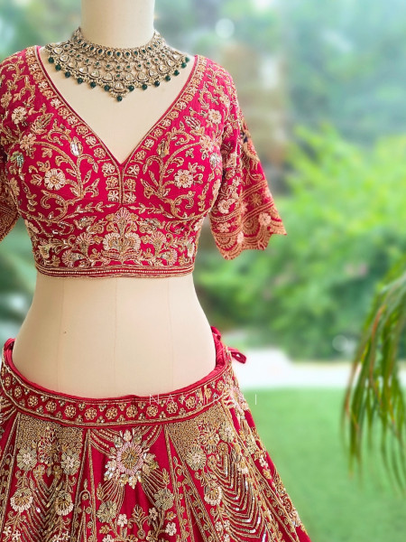 Vermillion Red Silk Velvet Bridal Lehenga With Zardozi, Dabka & Doli Motif Work