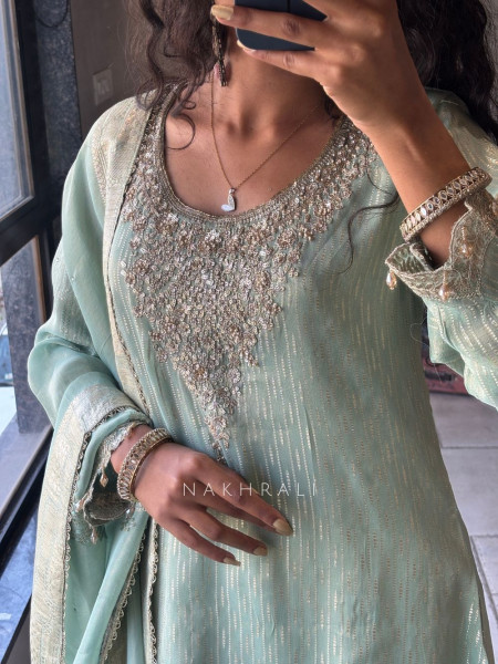 Zohra Green Sequin Embroidered Suit Set with Tassel Detail