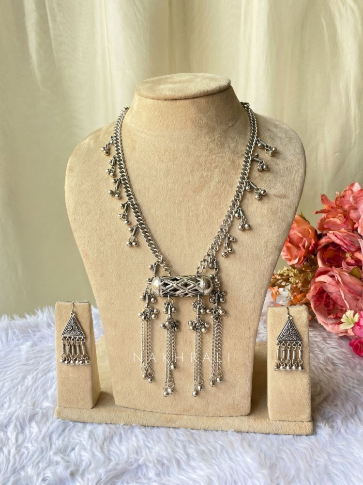 Image of Tressa Oxidised Silver Tribal Necklace Set with Earrings