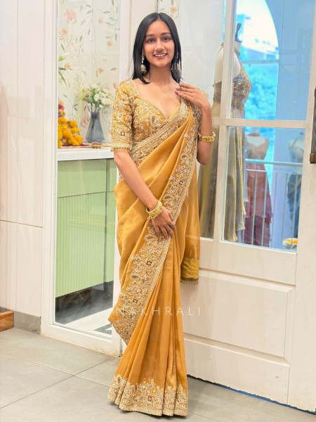 Ritvansh Mustard Saree with Embroidery and Readymade Embroidered Blouse