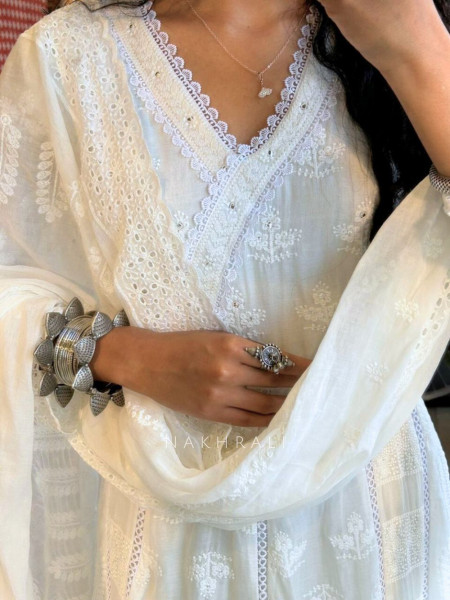 Evara White Lucknowi Anarkali Kurta Suit Set