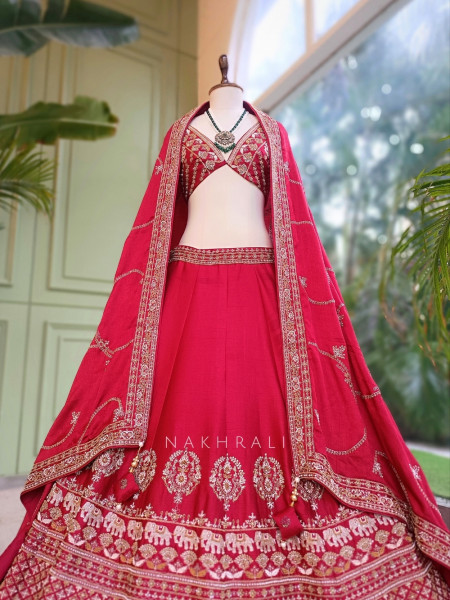 Gul-E-Rani Crimson Red Heritage Raw Silk Bridal Lehenga Set