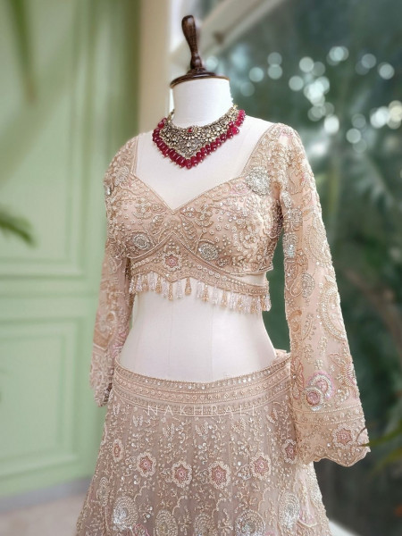 Noor-E-Jahan Beige Bridal Lehenga with Pearl and Beads Work