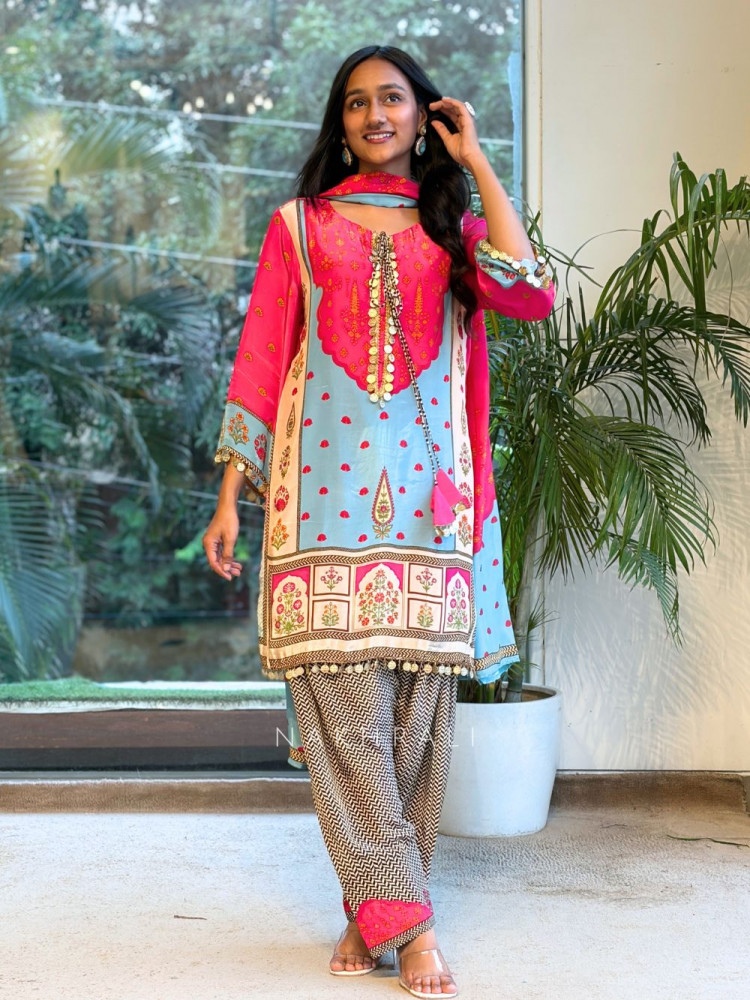 Image of Jharokha Magenta Modal Satin Silk Suit Set