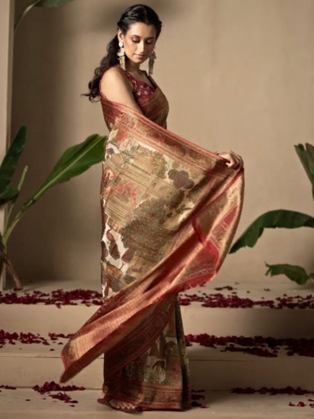 Regal Wilderness Beige Dola Silk Saree with Peacock & Forest Weave