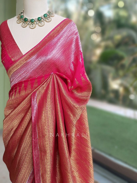 Tarkash Loom Magenta Banarasi Chiniya Silk Saree with Ombre Zari Weaving & Temple Border