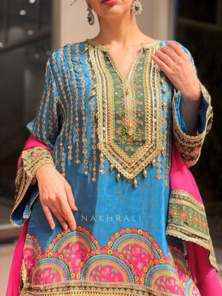 Sargam Blue Modal Satin Gharara Suit Set