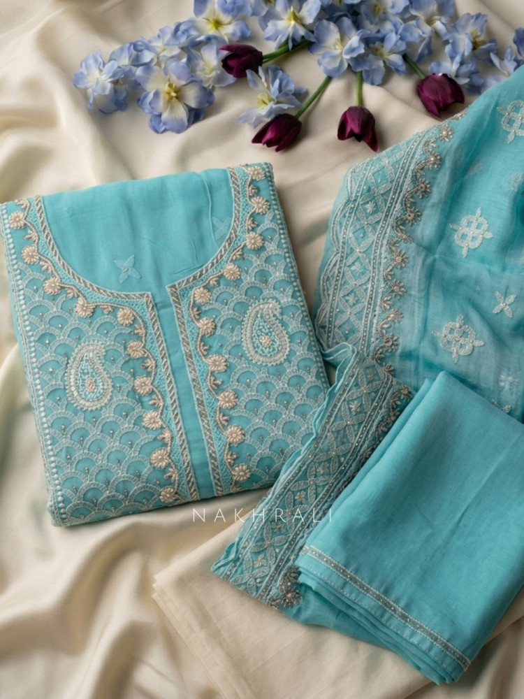 Image of Mridula Blue Dress Material With Embroidered Neckline and Border Detail