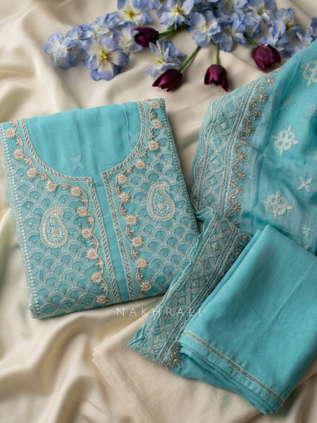 Mridula Blue Dress Material With Embroidered Neckline and Border Detail