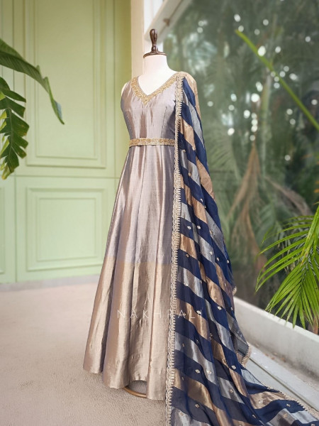 Virelle Grey Silk Anarkali Suit Set with Zari and Sequin Work