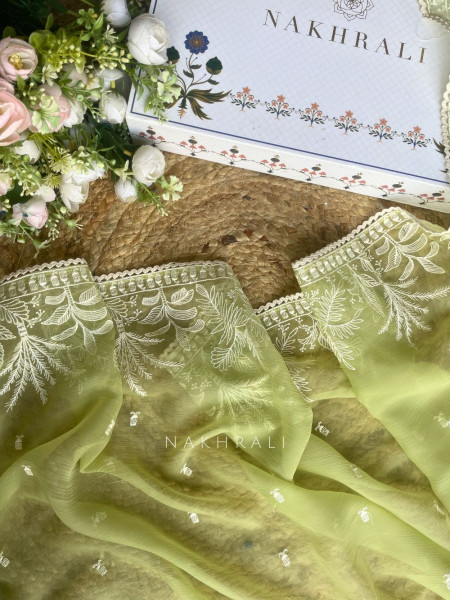 Flora Vine Green Embroidered Dress Material Set