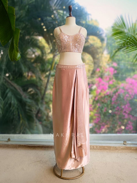 Roséveil Pink Corset Skirt Set with Sequin Work and Cape Shrug