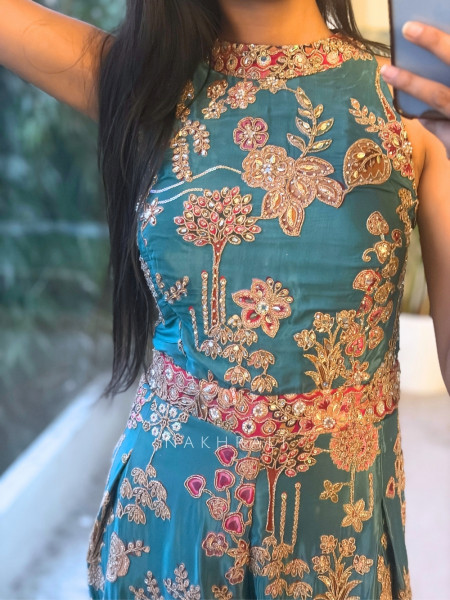 Ishvani Teal Blue Chanderi Silk Indo-Western Jumpsuit