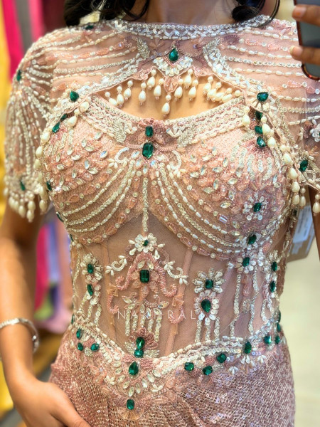 Elyra Pink Embellished Drape Gown with Illusion Bodice