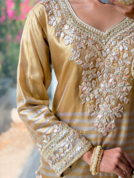 Suhasini Gold Kurta Palazzo Set with Zari Stone Work