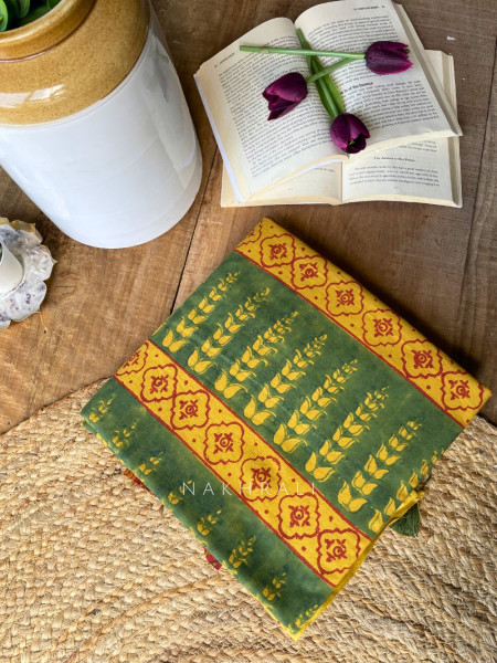 Varnika Mustard Block Print Saree with Traditional Motifs