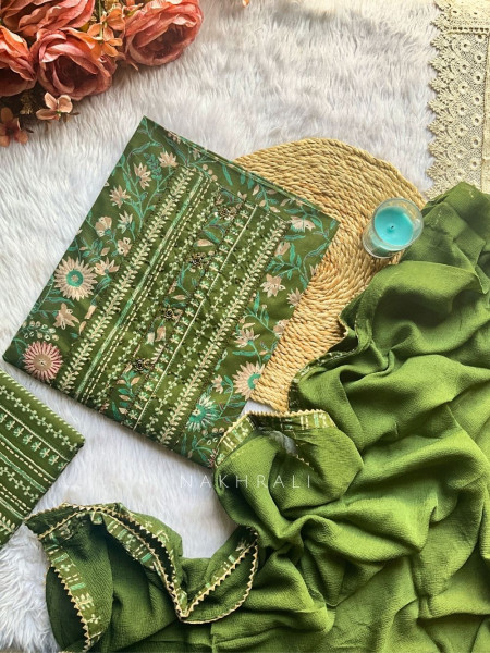 Utsavi Green Floral Embroidered Cotton Dress Material