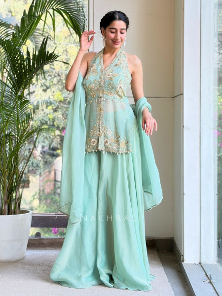 Zireya Sea Green Embellished Indo-Western Set